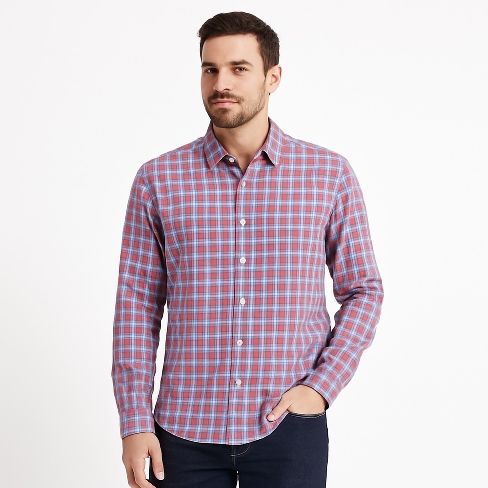 Faherty Plaid Stretch Button-Up Cotton/Nylon/Lyocell Coastal L Coral/Blue